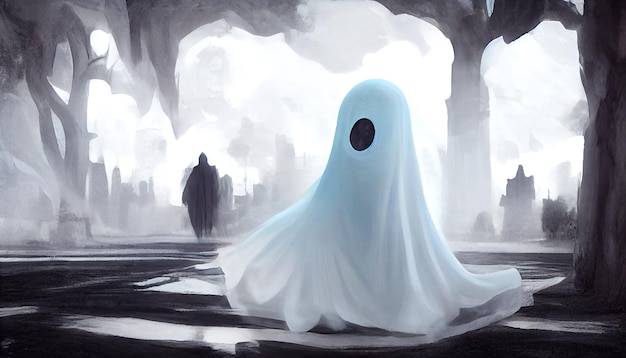 Фото Страшный призрак в белой простыне на фоне заброшенного кладбища
