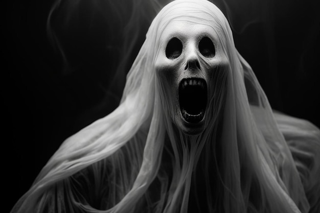 Фото Страшный призрак с длинными белыми волосами и жутким ртом