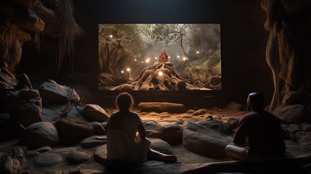 사진 배경에 불이 있는 스크린 앞에 앉아 있는 여자 와 함께 영화 의 장면