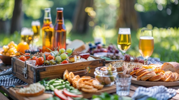 Фото Красивая обстановка для пикника с холодильником, наполненным различными видами пива, бокалами и пиком на пикник в солнечный день.