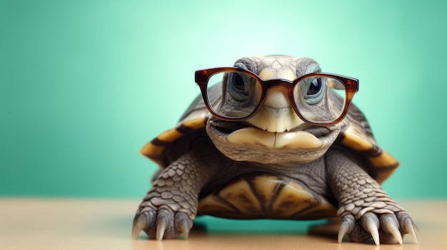 Фото Ученая черепаха в очках сидит на столе генеративный ии