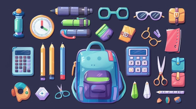 Фото Школьная сумка, набор карандашей, губка, компас для рисования, тетради, калькуляторы, ножницы, линейки и ручки для детей