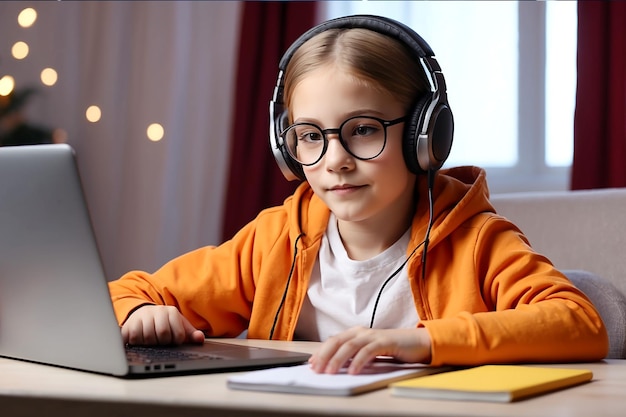 Фото Школьница изучает урок во время онлайн-урока дома, используя ноутбук с наушниками