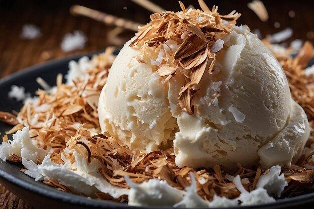 写真 a scoop of toasted coconut ice cream with shredde