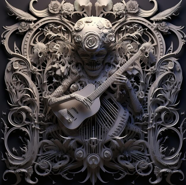 写真 背中にドラゴンを乗せてギターを弾く男性の彫刻。