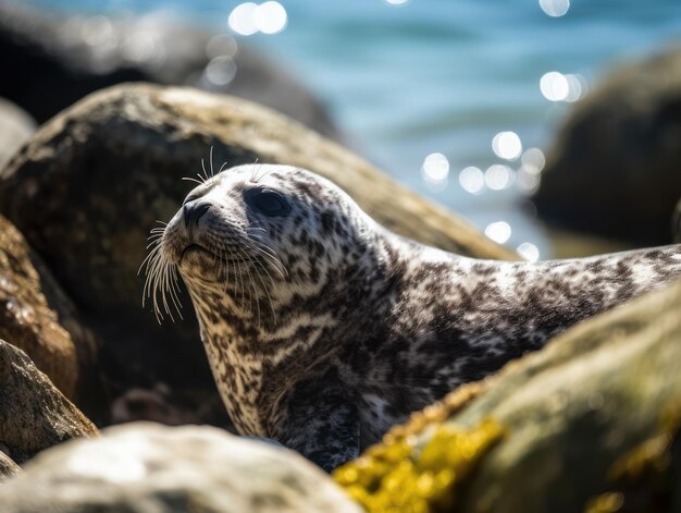 写真 水中の岩の上のアザラシ