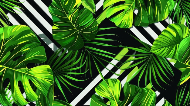 Фото Беспрепятственный цветочный современный рисунок экзотических тропических пальмовых листьев, напечатанный на черно-белом геометрическом фоне.
