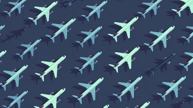写真 青と白の飛行機のシームレスなパターンが濃い青の背景で飛行機はすべて同じ方向に飛んでいます
