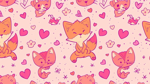 Фото Беспрепятственный рисунок милых мультфильмов животных и сердец рисунок изображает лис кроликов и птиц в розовой и оранжевой цветовой схеме