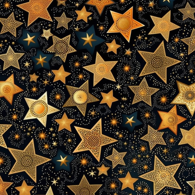 Фото Бесшовный узор с золотыми звездами на черном фоне.