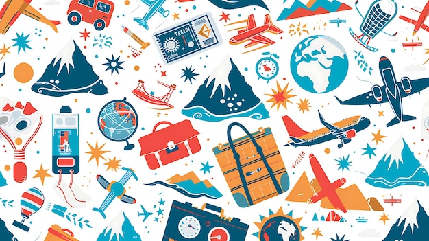 사진 여행과 모험의 원활한 터 패턴 패턴에는 산, 비행기, 열차, 버스 및 기타 여행 관련 품목의 아이콘이 포함되어 있습니다.