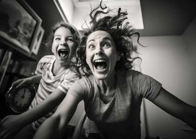 Фото Селфи родителя и ребенка с глупыми лицами перед зеркалом с размещенной камерой