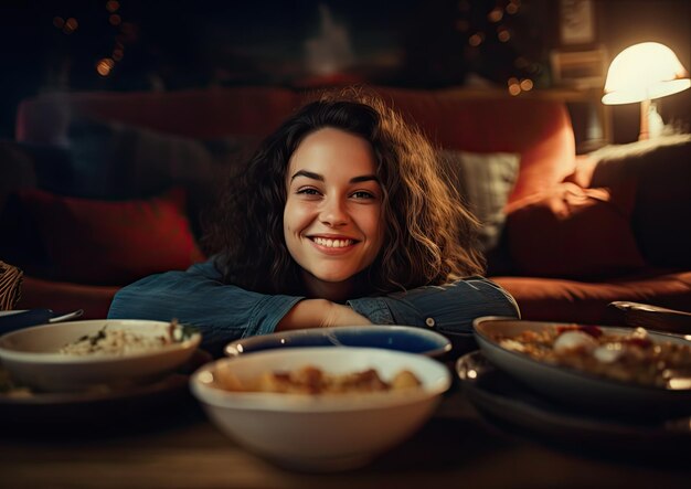 写真 空の皿と中身の入った食品容器に囲まれてソファに横たわっている人の自撮り写真