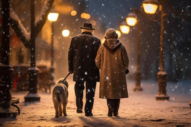 写真 高齢の夫婦と愛する犬が クリスマスのライトの魅力的な輝きに照らされた 雪に覆われた街を歩く平和な冬の夕方の散歩を始めます