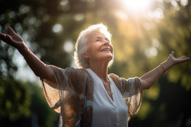 写真 腕を伸ばして外に立っている年配の女性が生成aiで作られました