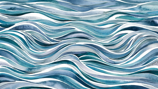 写真 海の波のリズミックな流れを様々な青の色で描いた静かな抽象的な水彩画