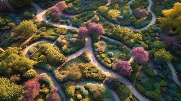 写真 曲がりくねった小道と水の特徴がある広大な植物園の穏やかな空からの眺め