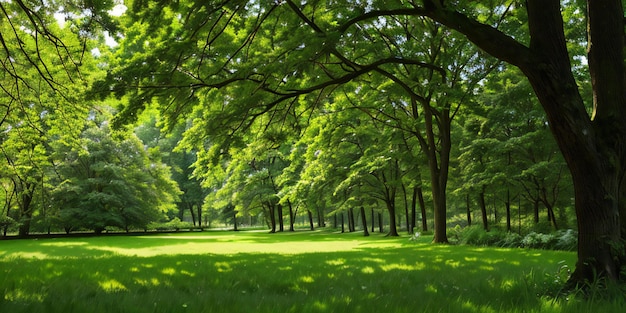 写真 緑豊かな芝生と鮮やかな森が広がる公園の静かで魅力的な風景