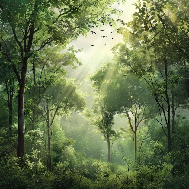Фото Спокойная сцена дня деревьев с ландшафтом пышного леса