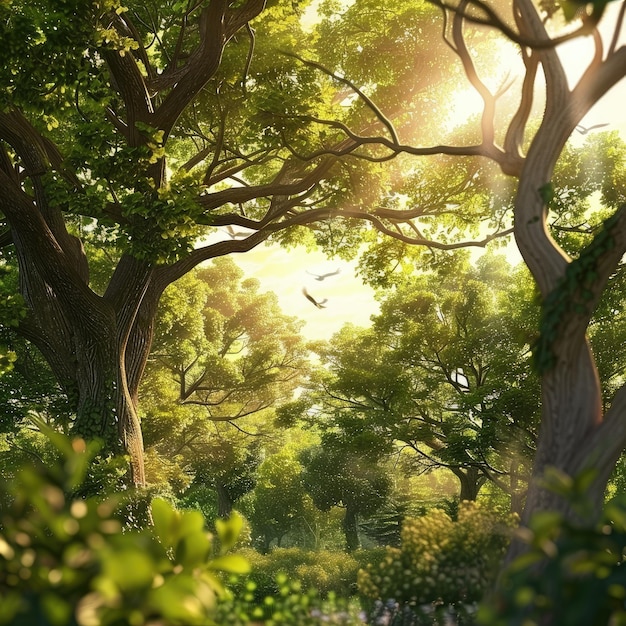 Фото Спокойная сцена дня деревьев с ландшафтом пышного леса