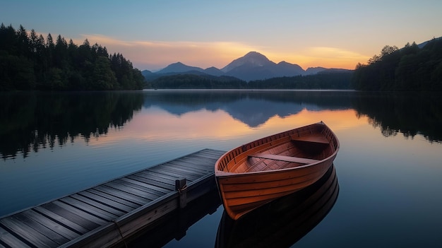 写真 静かな湖の上で静かな夕暮れ木製のボートが橋に停泊し山のシルエットが描かれています