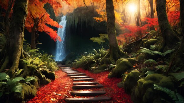 사진 은 숲길, 가을의 색이 가득한 나무로 둘러싸인 곳, 땅은 은 나무로 여 있다.