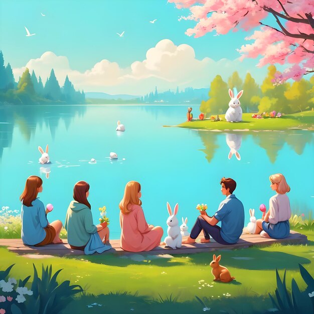 Фото Спокойная иллюстрация людей, сидящих на озере и наслаждающихся природой в пасхальный понедельник.