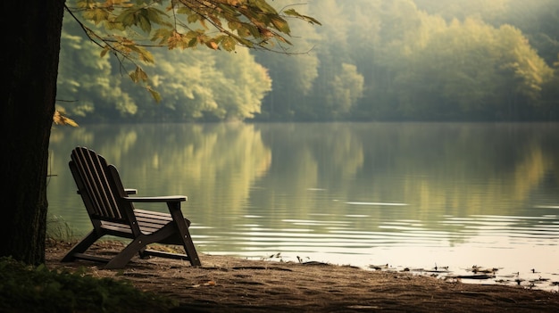 Фото Спокойная пейзаж на берегу озера с пустым стулом и осенними листьями