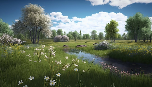 Фото Безмятежный луг с яркими цветами и сочной зеленой травой в яркий весенний день генеративный ии