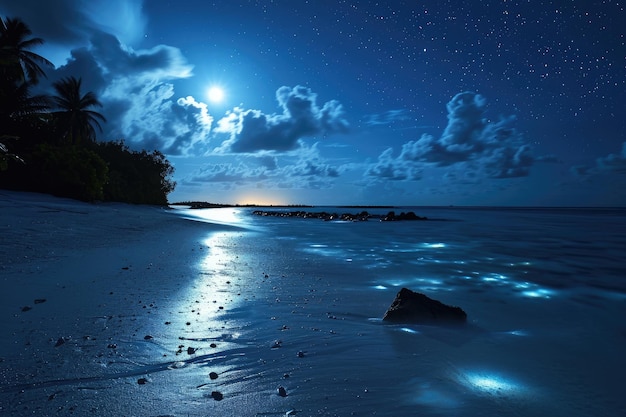 写真 a serene moonlit scene featuring bioluminescent plankton at the maldives ai generated