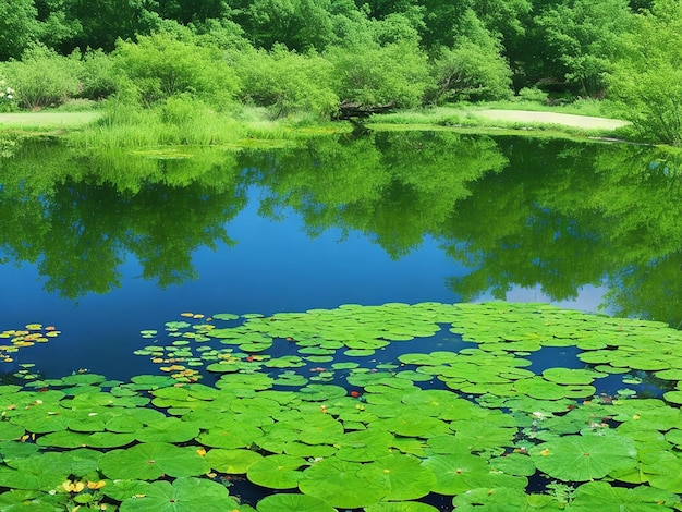 写真 やかな池は緑と青の自然の美しさを反映しています