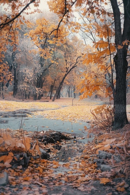 Фото Спокойный пруд, окруженный деревьями с желтыми листьями, идеально подходит для осенних дизайнов.