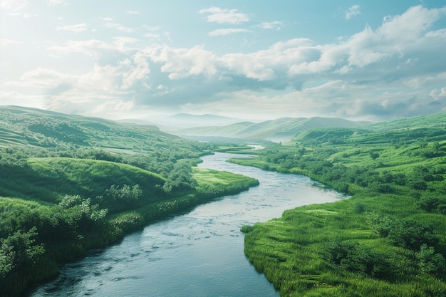 Фото Спокойная река течет через пышный зеленый ландшафт