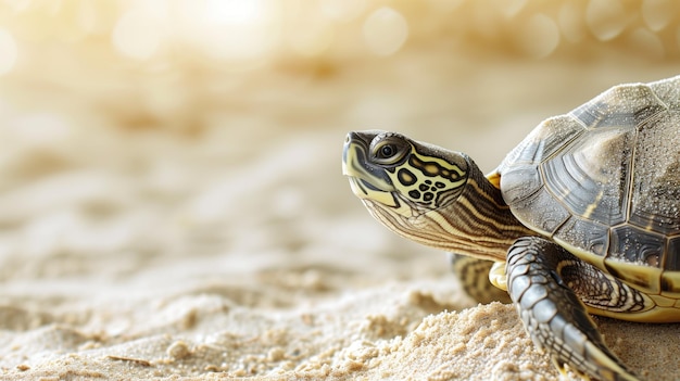 Фото Спокойная морская черепаха на солнечном пляже с блестящим песком готова исследовать океан