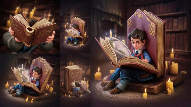 Фото Серия картин мальчика, читающего книгу