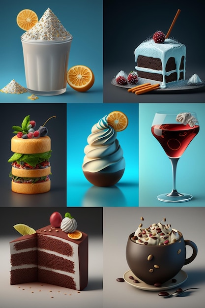 Фото Серия изображений различных продуктов, включая торт, торт и фрукты.