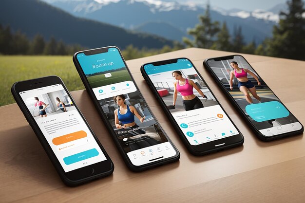 写真 景観指向と健康関連の画面コンテンツを強調するフィットネスアプリのプロモーション用のスマートフォンモックアップのシリーズ