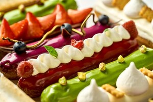 a set of different eclairs with filling selective focus closeup