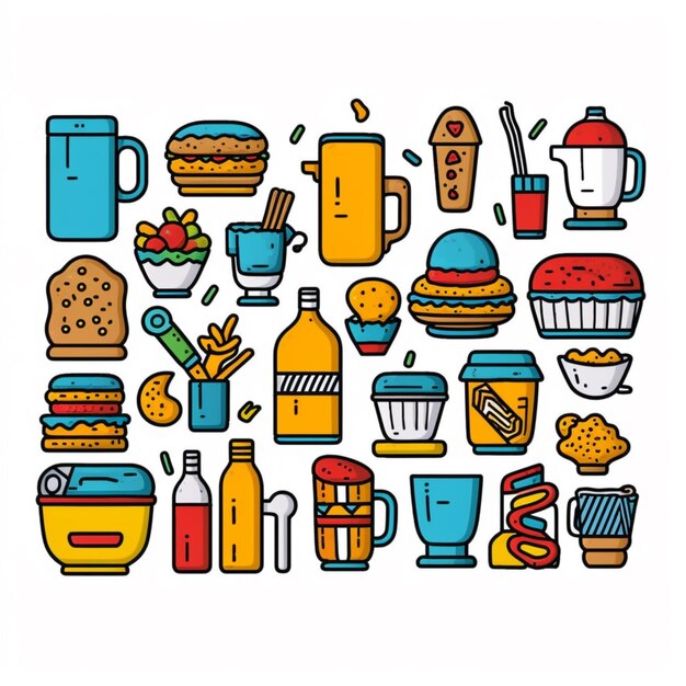 写真 a set of food and drinks icons in a flat style generative ai