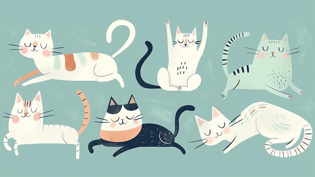Фото Набор из шести милых и красочных кошек в разных позах все кошки нарисованы в простом стиле мультфильмов и имеют различные цвета и узоры
