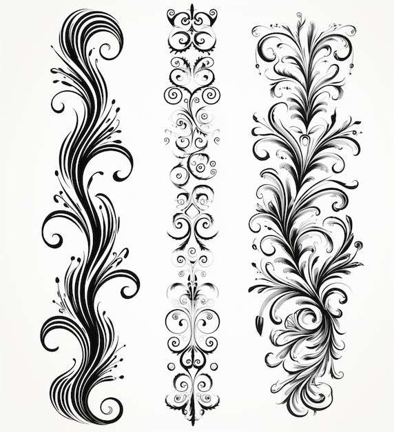 写真 3つの黒と白の花のデザインのセット