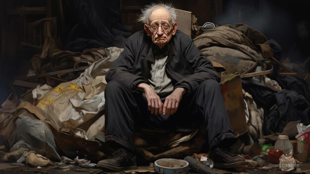Фото Плохо одетый старик грустно сидит на куче мусора.