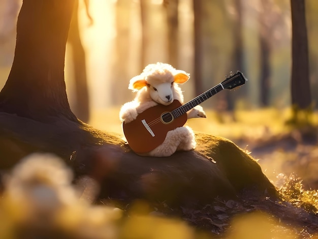 사진 양이 숲에서 기타를 연주하고 있다.