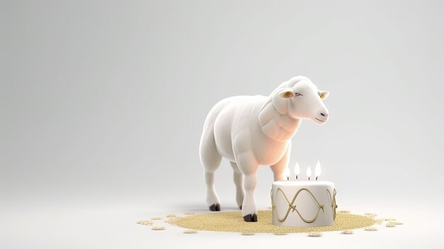 写真 ろうそくのついたケーキの横に羊が立っています。