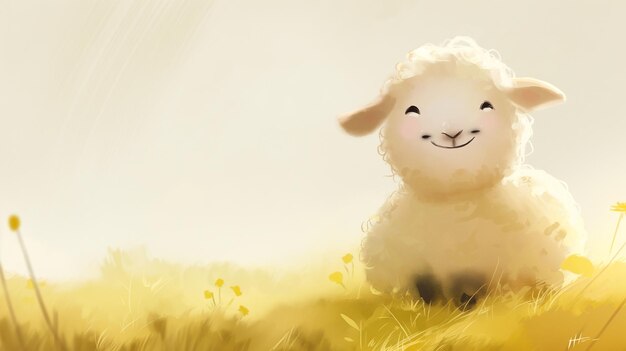 Фото Овца с улыбкой на лице сидит в поле травы с одуванчиками