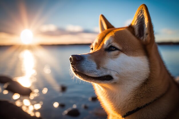 사진 generative ai 기술로 생성된 해변 일몰을 배경으로 한 shiba inu