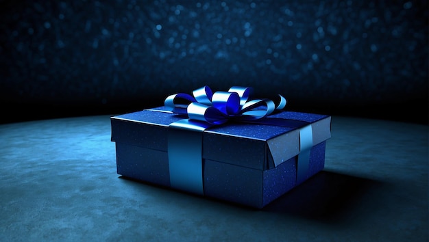 Фото Блестящая синяя подарочная коробка с синим луком сидит на темно-синем фоне с синими блесками