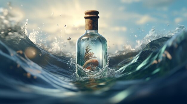Фото Корабельная бутылка, которая плавает, наклоненная в море и встряхиваемая