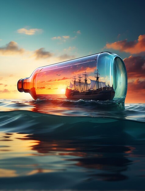 Фото Корабль в бутылке плавает в манипуляции водой