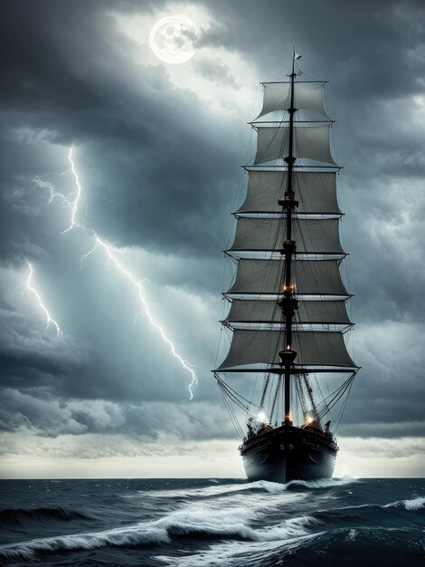 Фото Корабль, плывущий по океану, на фоне молнии.